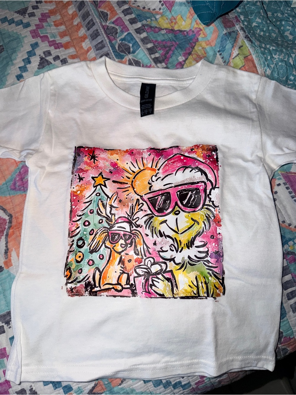 Gildan White Kids Graphic Tee with Pink, Yellow & Turquoise Artwork